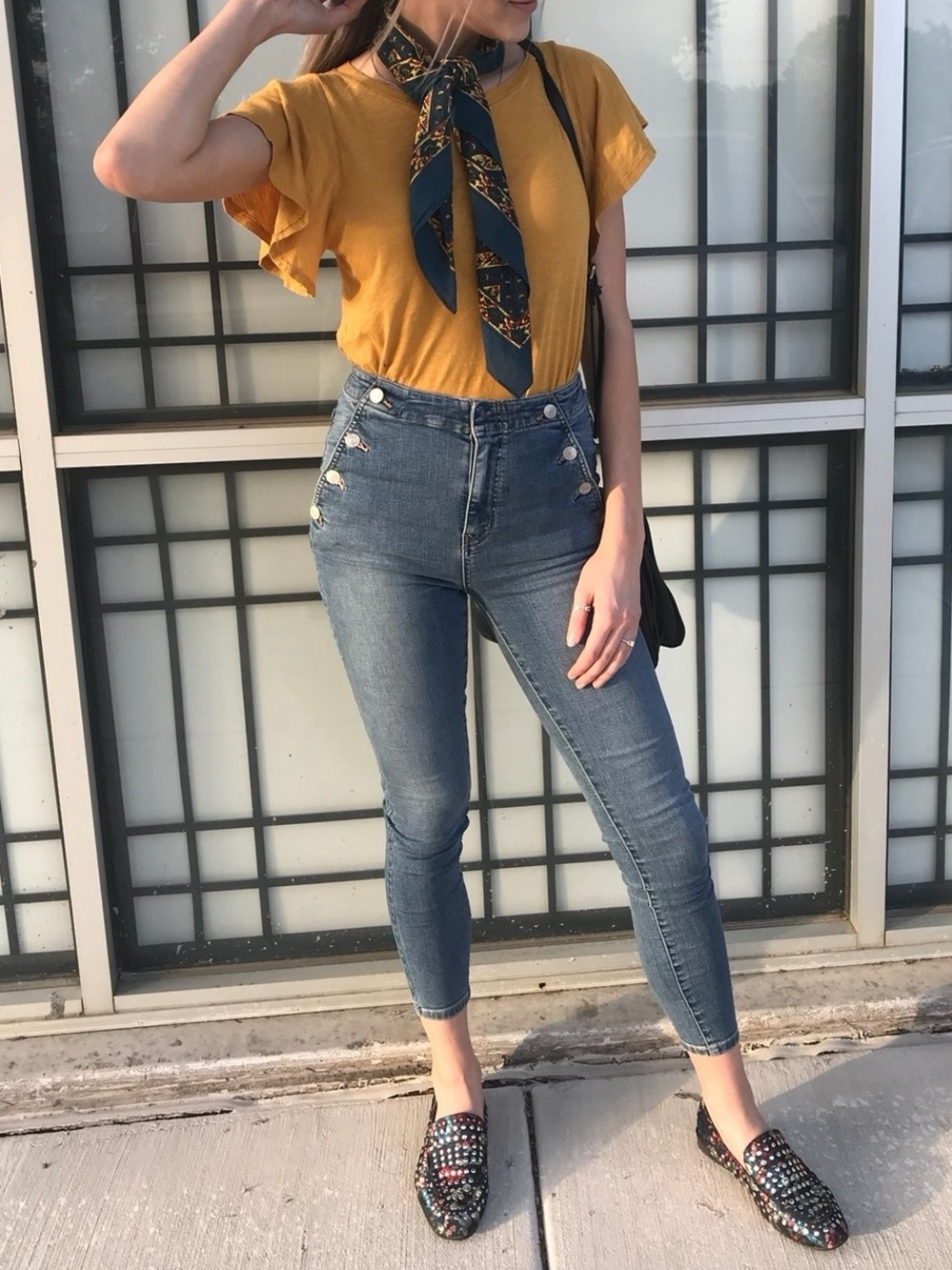 Free People High-Rise Blue Denim Jeans with Sailor Button Detail
